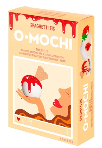 Eine Packung Mochi-Eis. Das Design beinhaltet eine rote Erdbeersauce, die so unglücklich auf der Packung dargestellt ist, dass es aussieht wie bluttropfende Dekoration zu Allerheiligenvorabend.