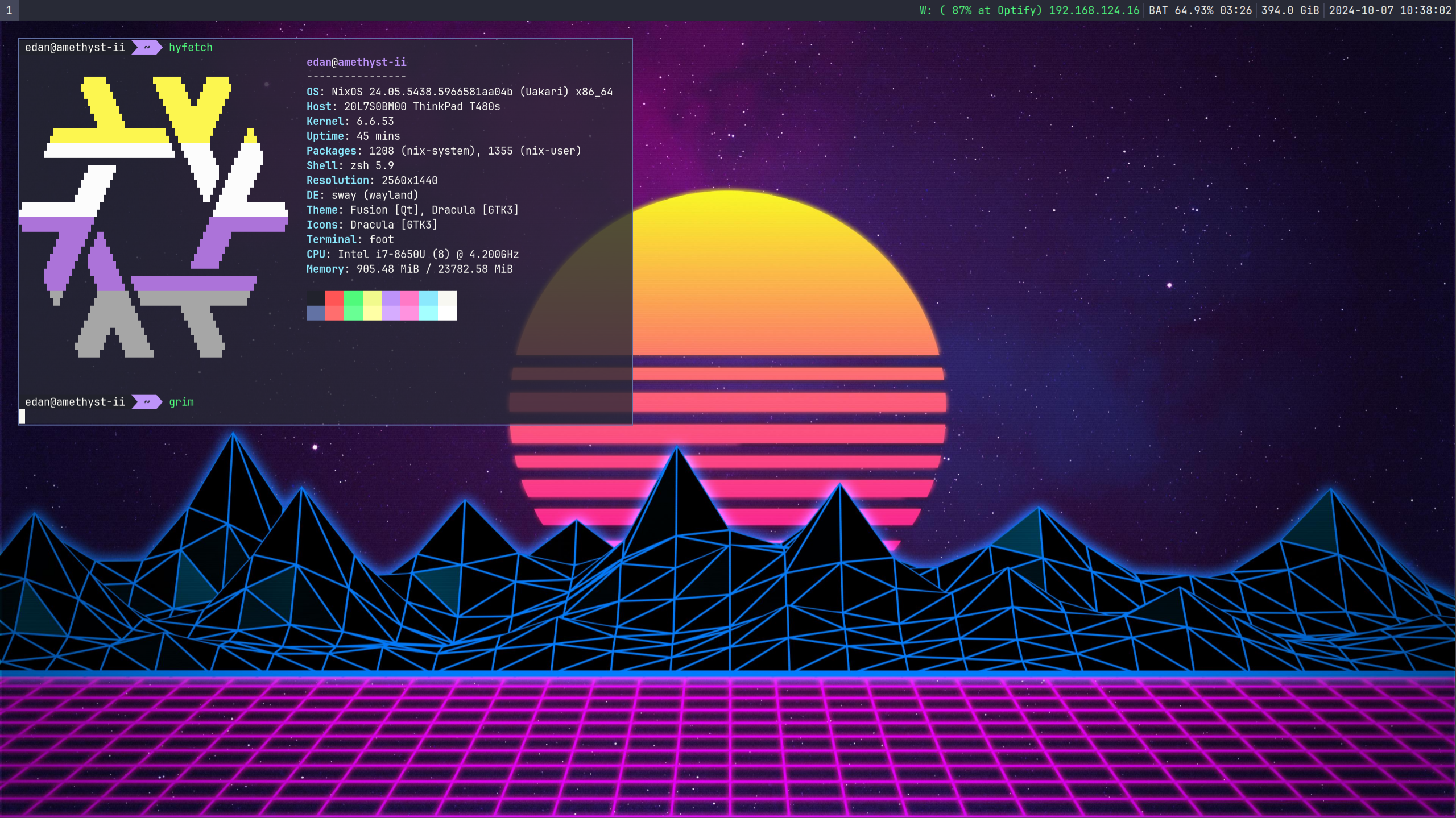 My new desktop. There is a bar along the top of the screen, with numbers to indicate which workspace I am on, and sytem info on the right. My terminal, foot, is open in a floating window with a transparent background, displaying the output of hyfetch (a neofetch fork with pride flags, in this case the nonbinary one). It says that I am running NixOS with Sway on an 8th gen Intel i7 with 24 gigabytes of RAM. Both the top bar and the terminal are using the Dracula colour palette. The wallpaper is vaporwave in aesthetic, featuring a gradient sunset against a blue and purple nebula, behind a row of wireframe mountains.