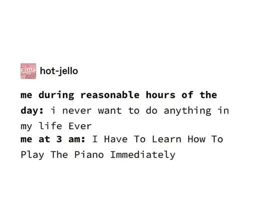 tumblr post by hot-jello

me during reasonable hours of the day: I never want to do anything in my life Ever

me at 3 am: I Have To Learn How To Play The Piano Immediately